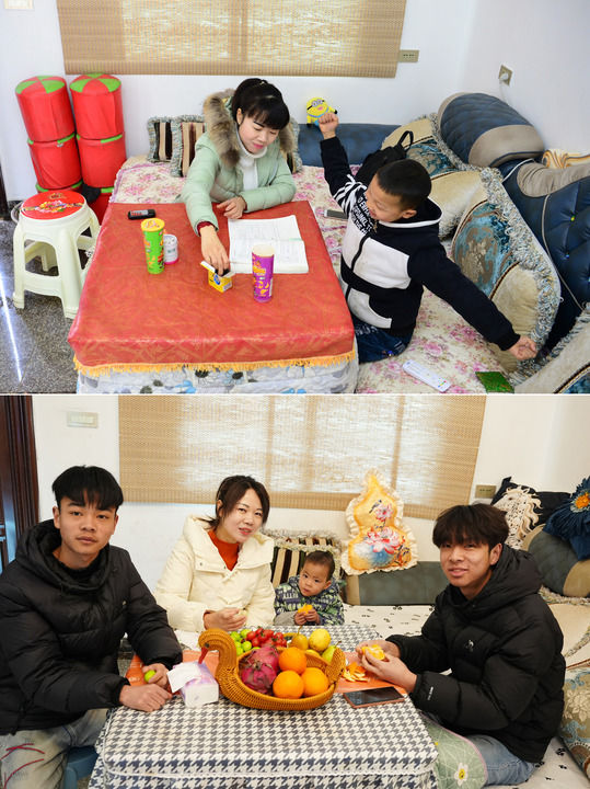 拼版照片:上圖為安康市紫陽(yáng)縣蒿坪鎮(zhèn)黃金村村民雷潔(左)在易地搬遷后的新家中給大兒子張明澤輔導(dǎo)功課(2017年2月9日攝);下圖為雷潔(左二)和她的大兒子張明澤(右一)、二兒子張明懿(左一)、小兒子張翰瑞(右二)在同一地點(diǎn)合影(2026年1月30日攝)。